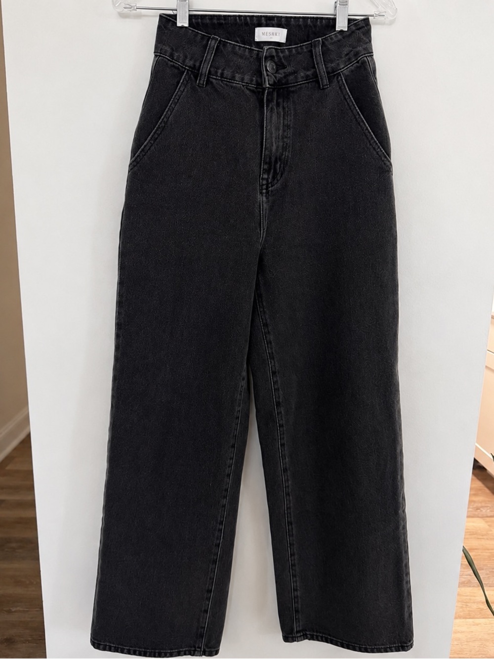 MESHKI Washed Black Denim Wide Leg Pants High Rise Size 7
